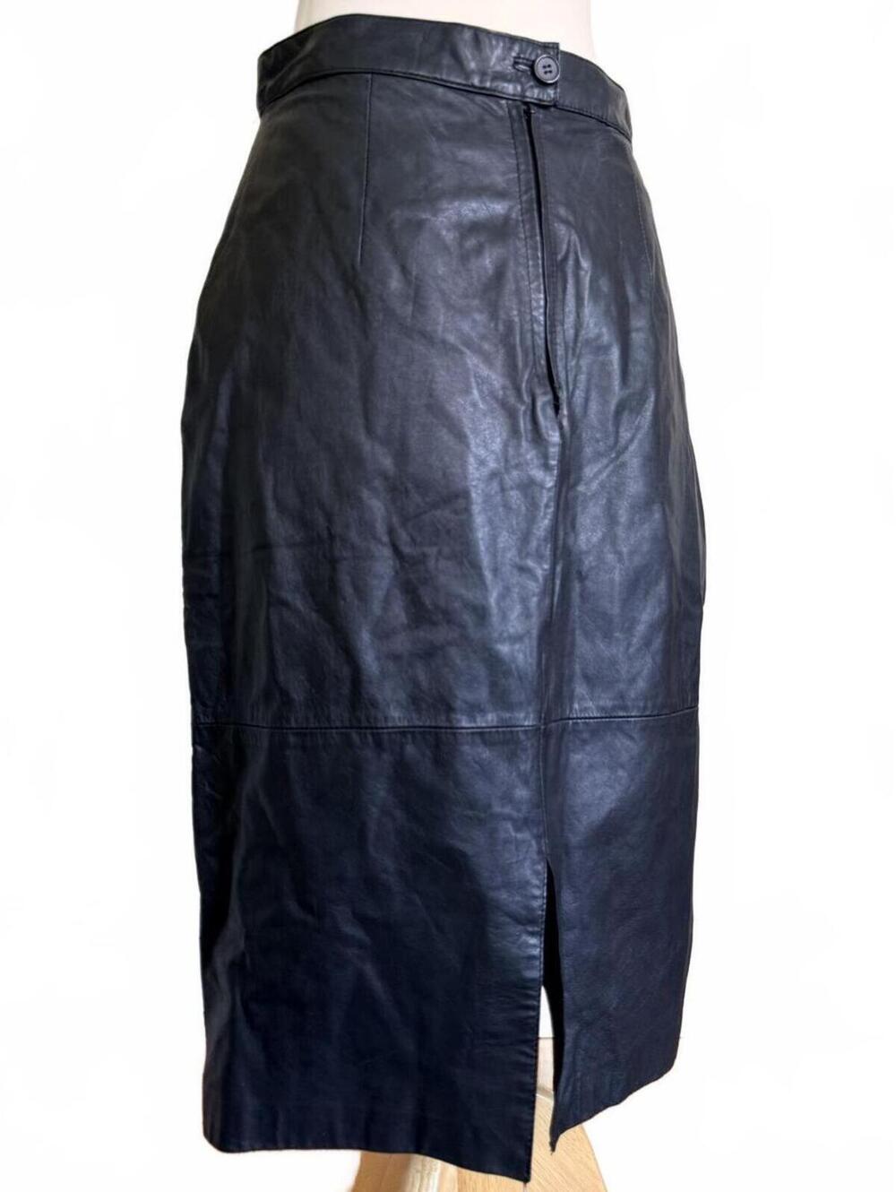 Vintage Black Genuine Leather Midi Skirt with Back Slit